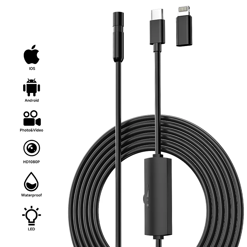 HD1080P TYPE-C Industrial Endoscope Direct Connect IPhone Android Phones 8MM/5.5MM Pipe Inspection Borescope Camera Waterproof