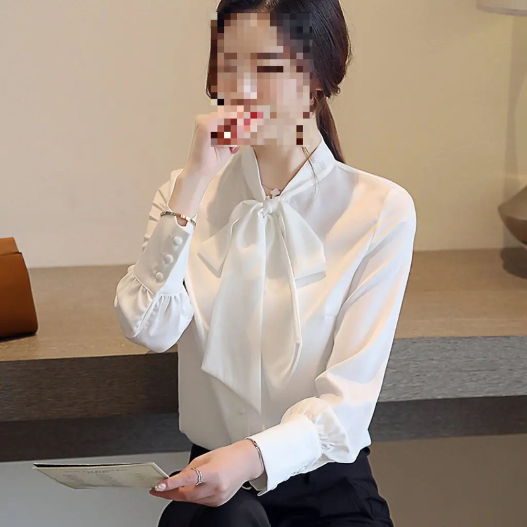 

Women's Korean-style Slim-fit Chiffon Shirt Autumn Long-sleeved Top with Satin Bow Commuter Fashion