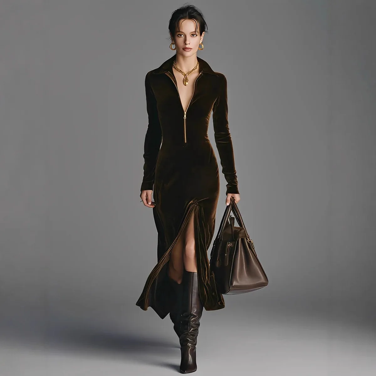 

2026 New Fashion Zipper Bodycon Bustier Dresses Women Spring Sexy Elegant Retro Round Neck Split Long Sleeve Dress For Women