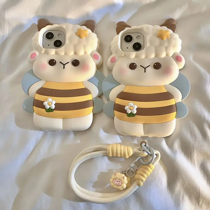 

Phone Case For iPhone 16 15 14 13 Pro Max New Korean INS Cartoon Cute 3D Bee Sheep Shape Soft Protective Cover With Lanyard