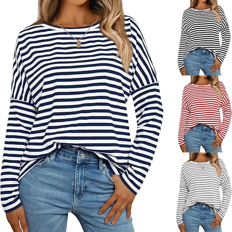 Women's Long Sleeve Tops 2024 Spring Autumn New Round Neck T-shirt Striped Casual Sweatshirt Female Pullovers Women's Clothing