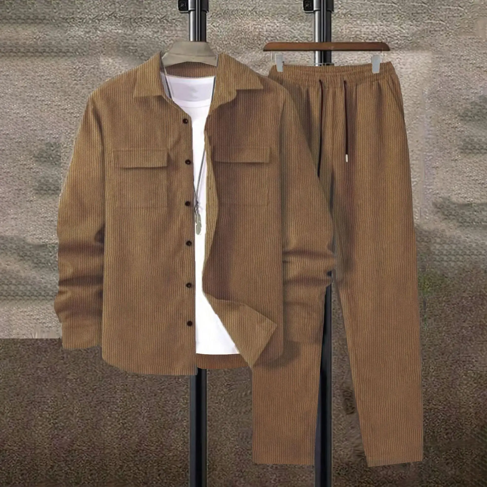 Men Solid Color Corduroy Suit Casual Luxury Sports Lace Up Ruffian Simple Streetwear Autumn Winter Fashion Outfit