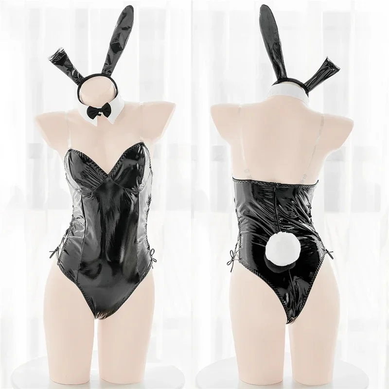 Mai Sakurajima Bunny Girl Cosplay Costume Women Sexy Lingerie PU Leather Bodysuit with Tie and Headband Set Anime Outfit