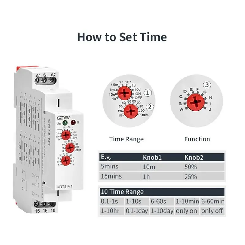 2X GEYA GRT8-M 16A مرحل مؤقت متعدد الوظائف على إيقاف التشغيل، مرحل تأخير قابل للتعديل مع 10 خيارات وظائف، GRT8-M1 AC230V-[A04I]