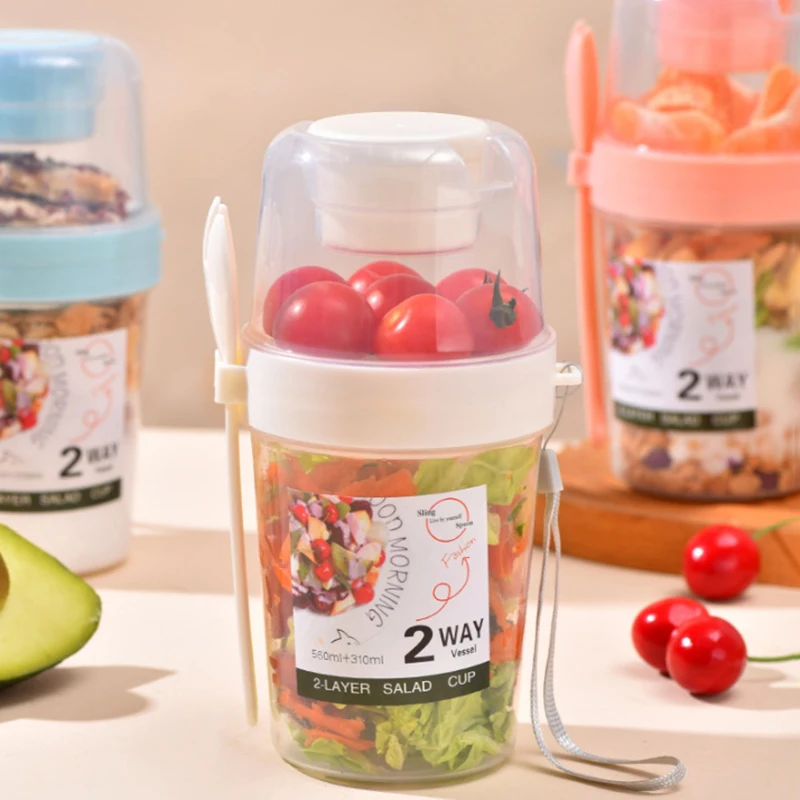 Portable Double Salad Cups Food Cooler Oatmeal Cereal Nuts Yogurt Container Set With Fork School Lunch Boxes