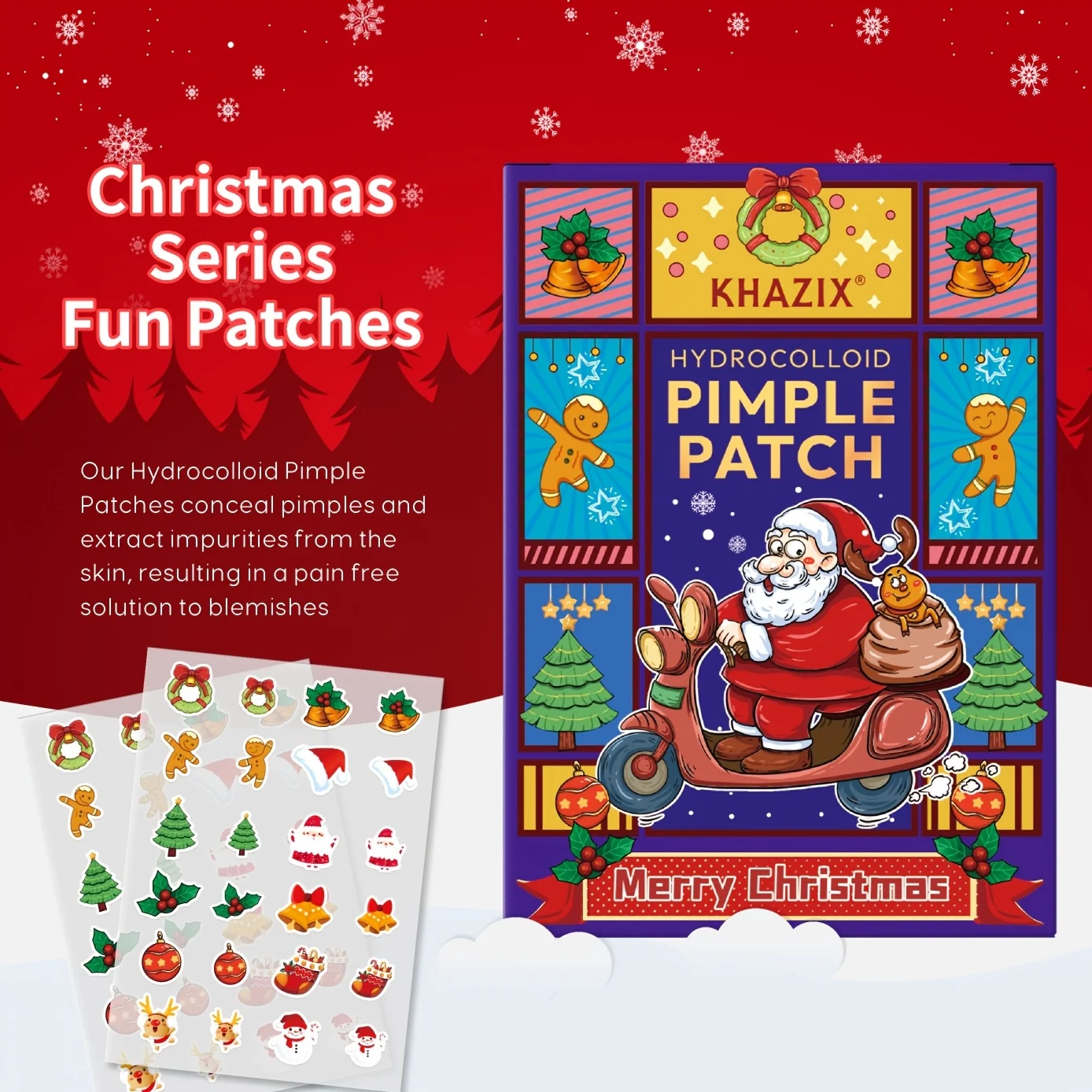 96 قطعة من رقعة حب الشباب ذات الغروانية المائية لعيد الميلاد، يخفف عيوب حب الشباب، وتميز التصميم اللطيف والالتصاق اللطيف