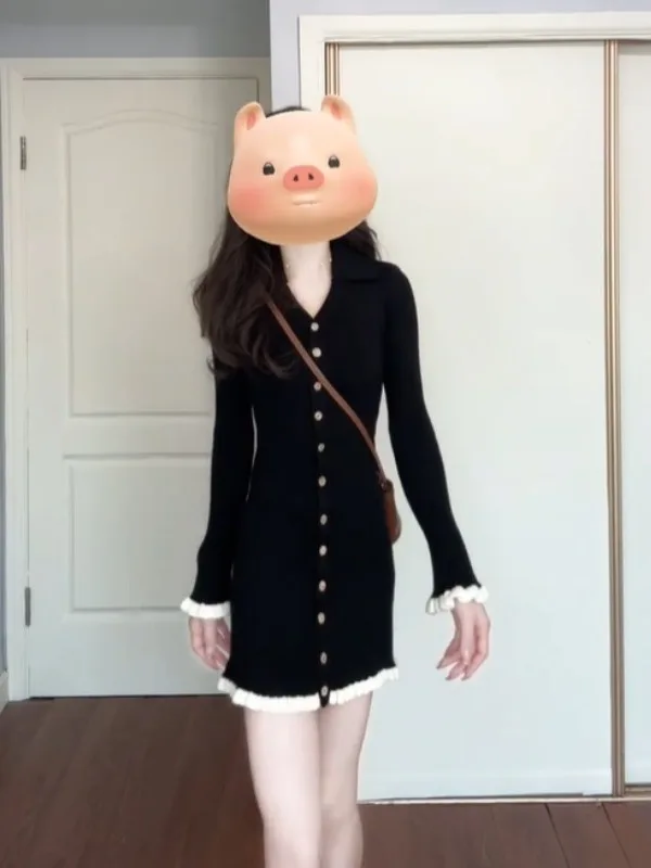 한국 스타일 니트 랩 어라운드 브이넥 슬림핏 드레스 하이 센세이션 겨울 패션 심플 엘레강스 바디콘 드레스