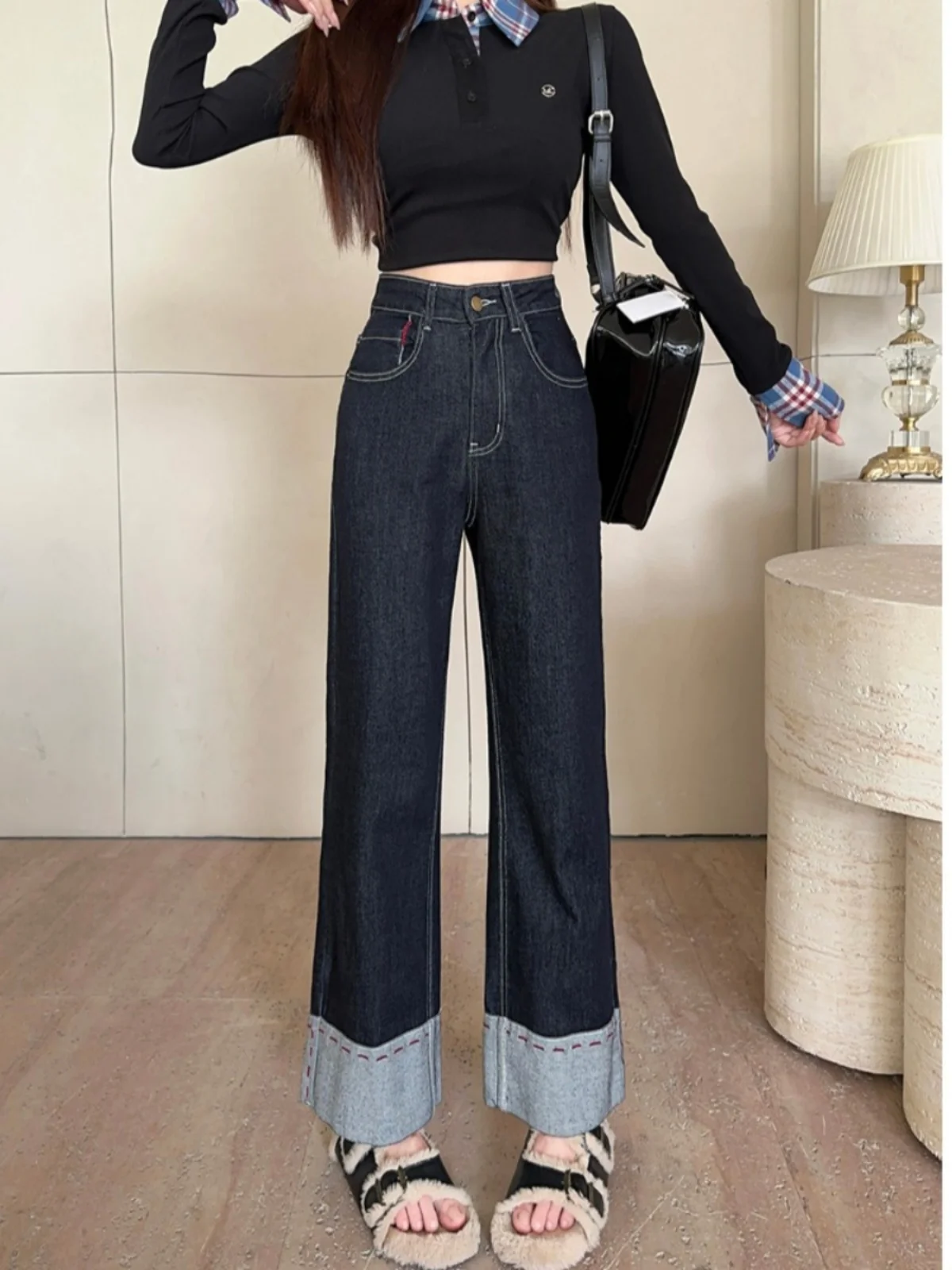 

High Waist Bell Bot Blue Jeans Women's Straight Leg Slimming Winter New Sle Korean Sle Commute Vintage plus Size