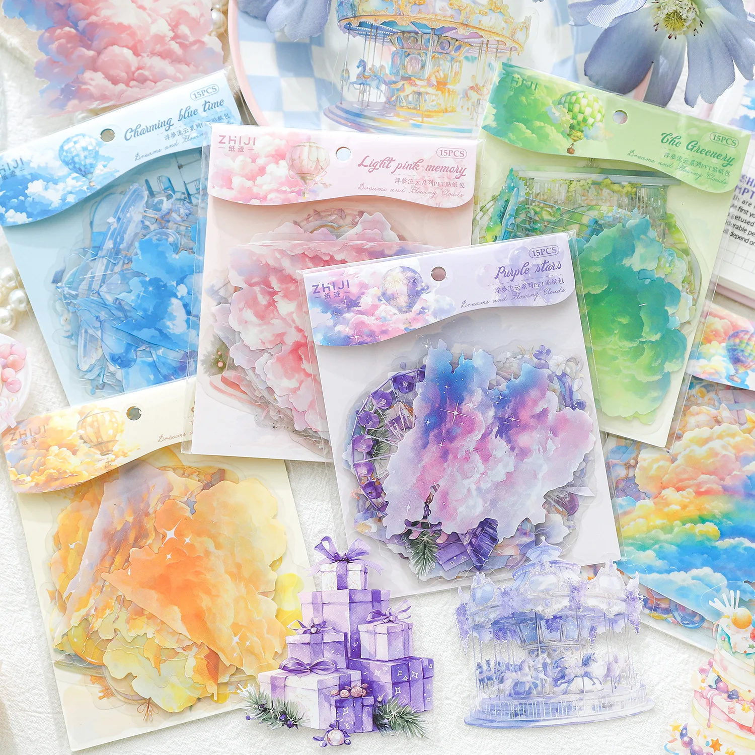 15pcs/lot Kawaii Scrapbook Stickers floating dreams and flowing clouds Junk Journal  Planner Stationery  Planner Decorative