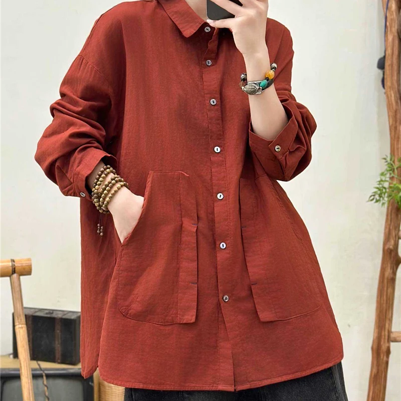 Masss Wasss 2025 Korean Ladies Fashion Autumn Casual Shirts Solid Cotton Tops Womens Loose Classic Elegant Long Sleeve Blouses