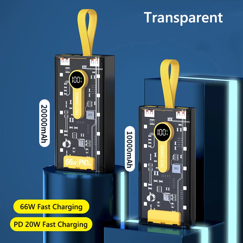 66 واط 200000 باور بانك بسعة كبيرة mAh مع 4 كابلات شحن سريع شاحن بطارية محمول لهاتف iPhone 16 Samsung Huawei Xiaomi