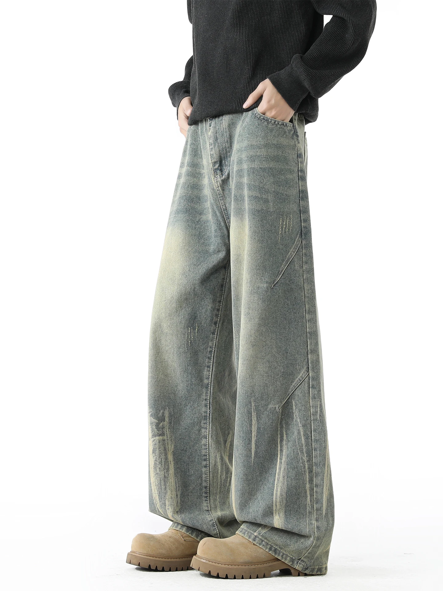 

American Washed Tie Dye Jeans Men's Autumn Winter Straight Loose Wide Leg Pants Retro High Street Vibe Cotton Polyester Blend