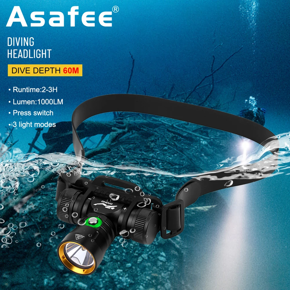 Asafee 60M Diving Headlamp Underwater L2 LED 1000LM IPX8 Waterproof 56° Angle Light Wearable On Hand Headlight Underwater Search