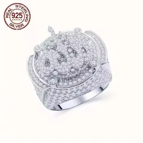 Mens 14K White Gold Plated Over 925 Sterling Silver Rings Diamond Zircon Allah God Muslim Islamic Pinky Ring Hip Hop Jewelry