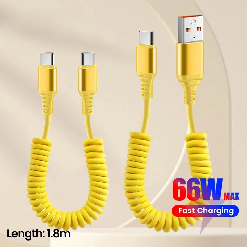 

66W Car Spring Data Cable Telescopic USB C To Type C Cable for iphone 15 16 Samsung Xiaomi Fast Charging/Data Transfer Wire Cord