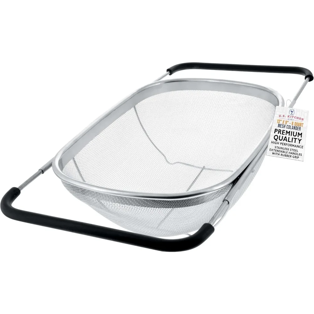 

Stainless Steel Colander Strainer - 6-Quart Collapsible Colander with Expandable Rubber Handles - Rectangular Sieve, Fine Mesh