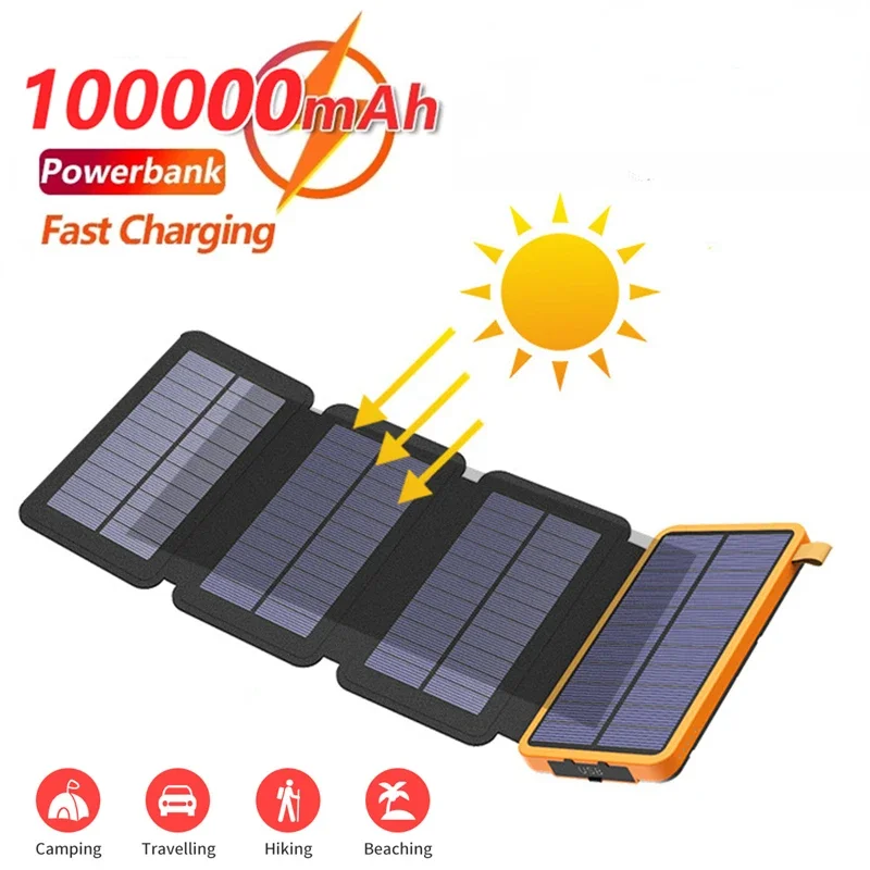 

100000mAh Solar Power Bank Camping Portable Folding Waterproof Solar Panels 5V 2A USB Output Device Sun Power For iPhone Huawei