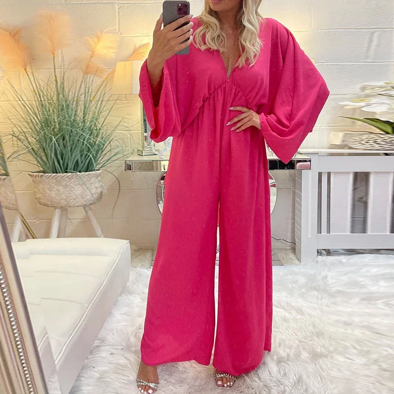 

Street 2023 Women Solid Overall Lady Elegant V-Neck Backless Long Jumpsuit New Spring Autumn Bat Sleeve Loose Jumper One Piece