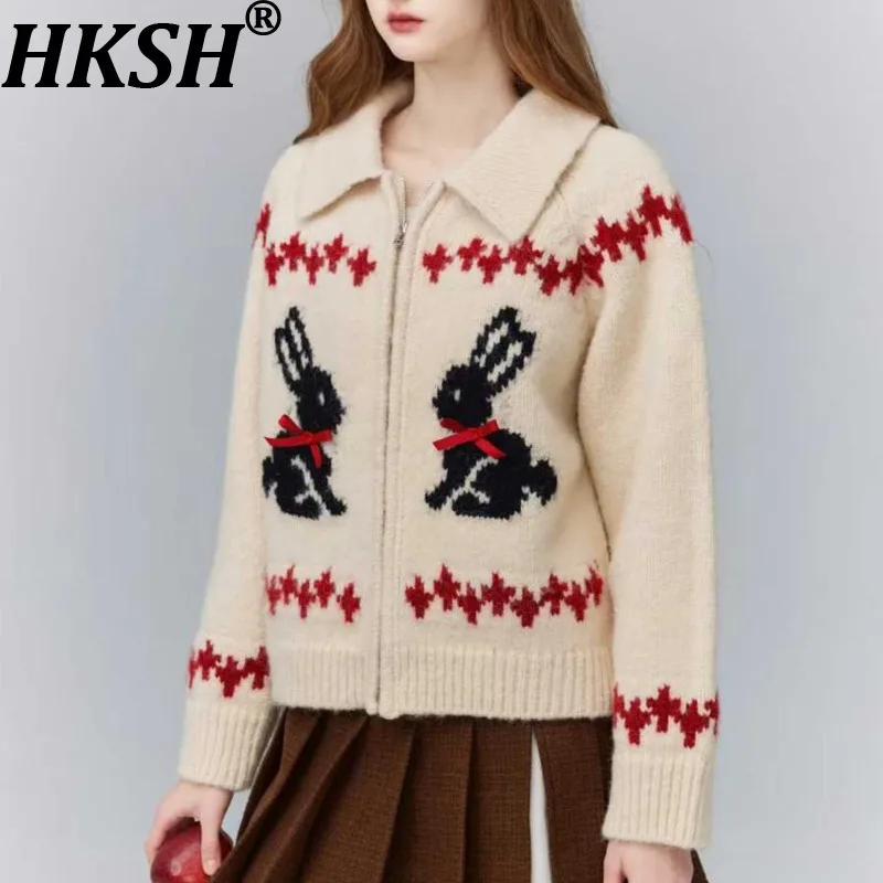 

HKSH Early Autumn New Women Fashion Rabbit Bowknot Pattern Knitted Cardigan Sweater Streetwear Fresh Slim Fit Casual Coat HK9935