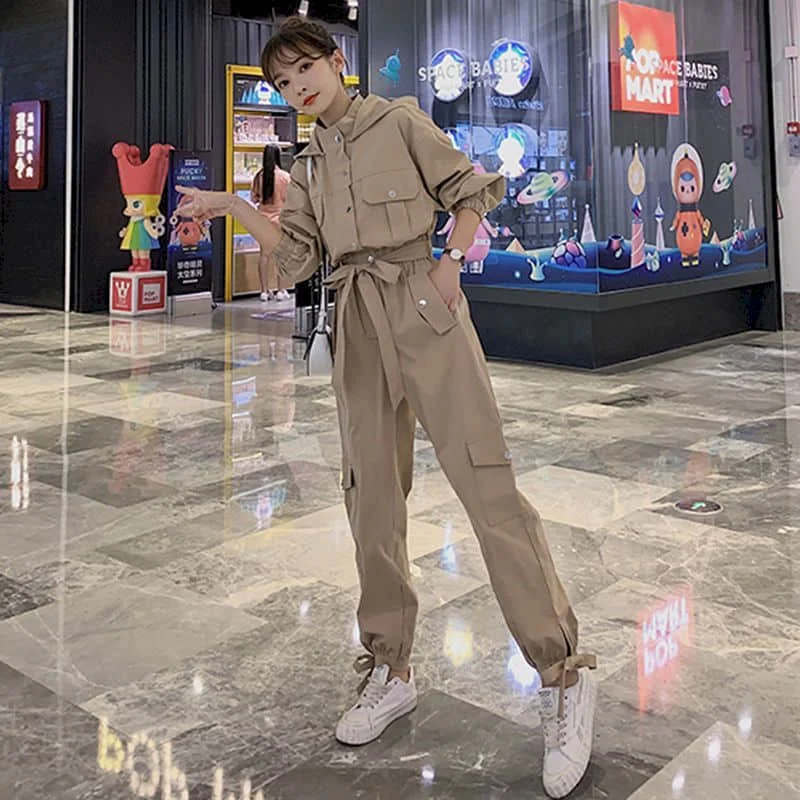 Workwear Jumpsuit สไตล์ใหม่ Cool หลวมผู้หญิงกางเกงแนวโน้มผู้หญิงชุด One Piece ปุ่มเข็มขัดเอวสูง Hooded