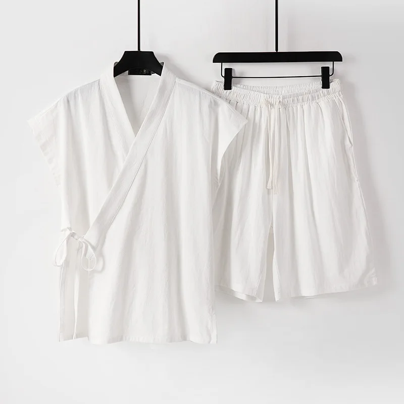 QICHE Men New Chinese Breathable Linen Cotton Two Piece Set Sleeveless Vest Short Sleeve Five Points Shorts Summer Outfit