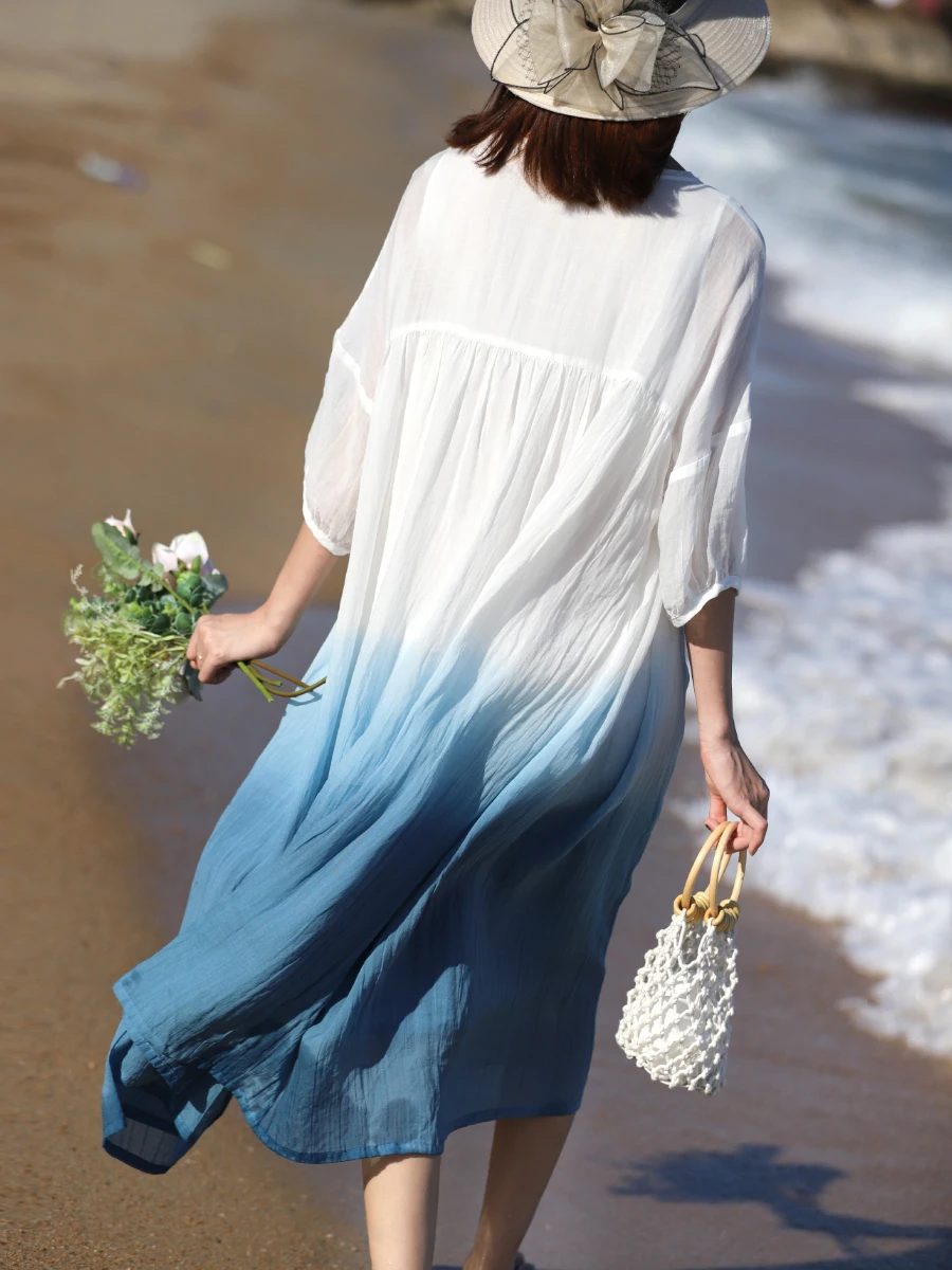 Verão novo solto plus size vestido adient cor dr leve linho dupla camada bainha larga saia de fadas branco maxi dr