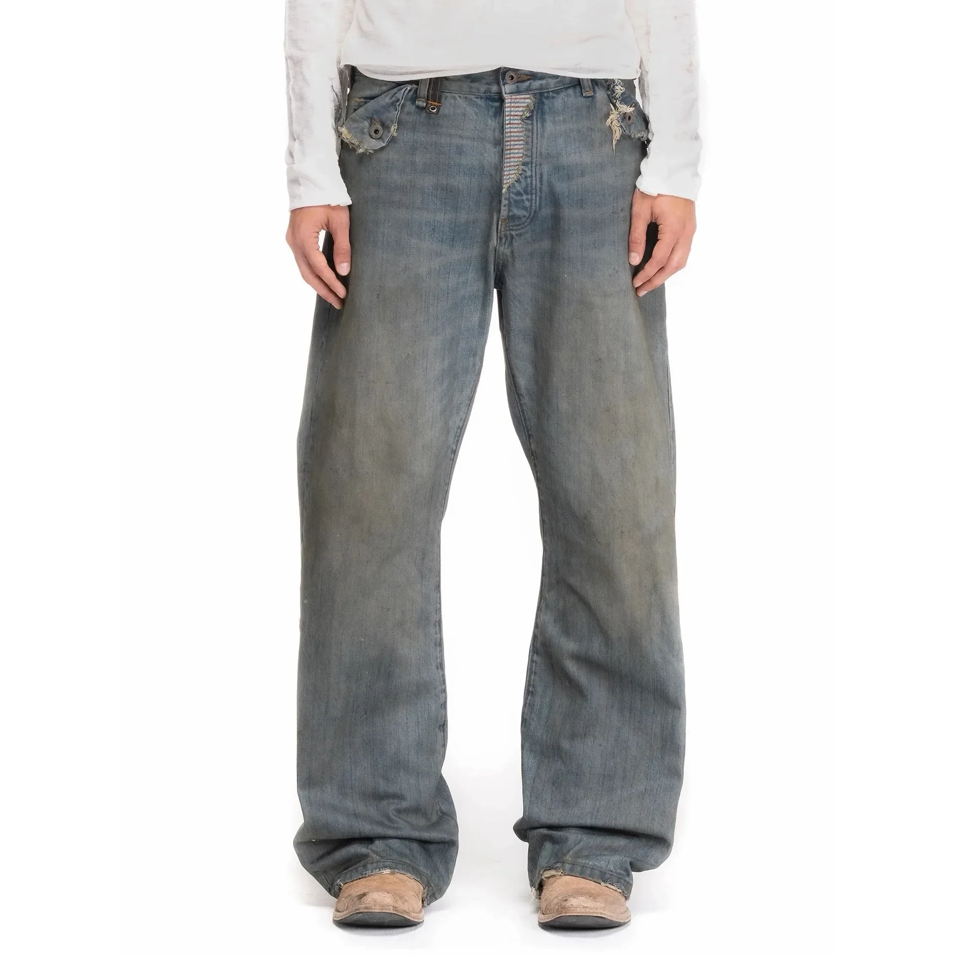 

No faith heavy industry washed ink splashing drawstring patch damage red edge red ear cloth micro horn jeans