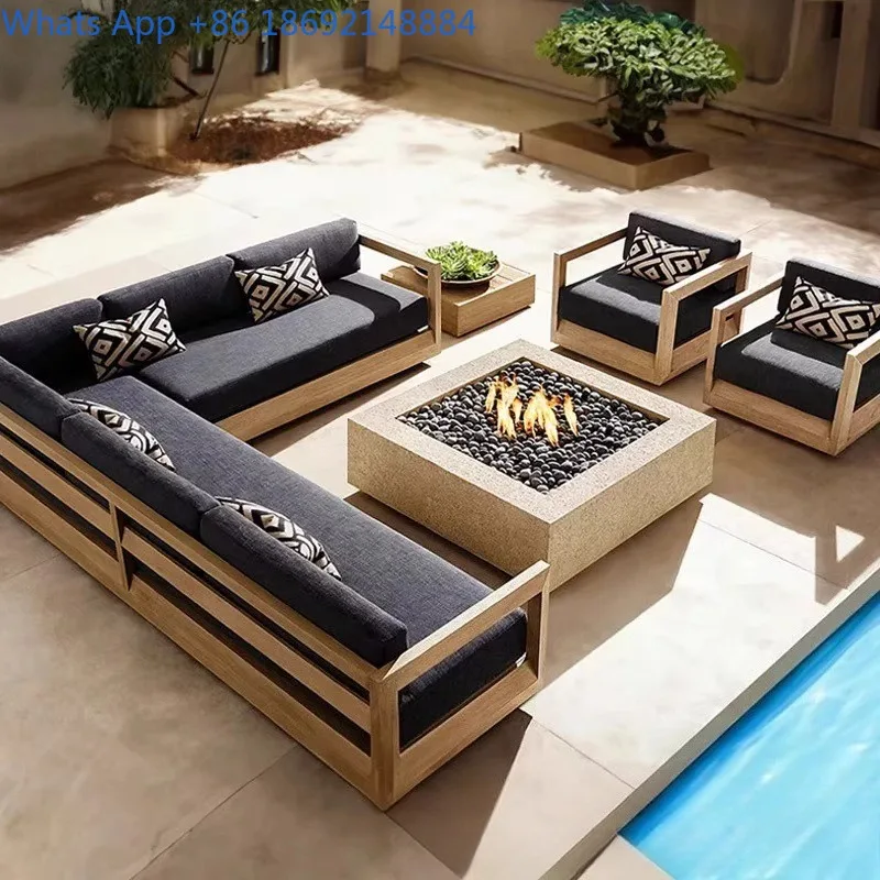 

Outdoor Nordic Solid Wood Sofa Villa Terrace Garden Teak Outdoor Leisure High-End Hotel Courtyard Sofa Set
