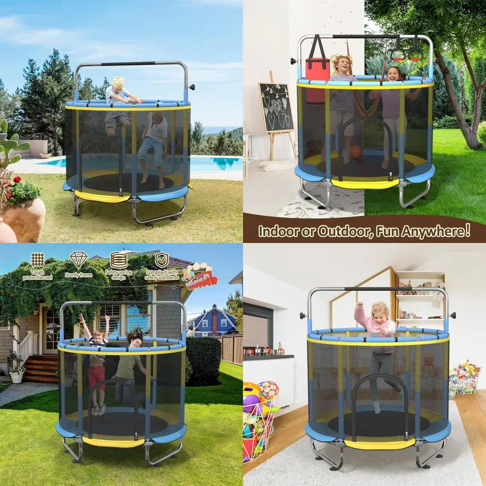 

60-дюймовый батут для детей, мини-батут для малышей в помещении и на открытом воздухе длиной 5 футов с сеткой, регулируемый гимнастический бар и игрушки, подарок на день рождения