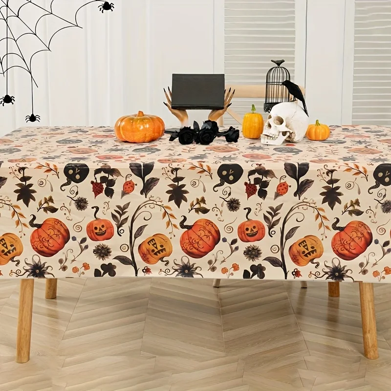 1pc,Beige Color Halloween Pumpkin Tablecloth,86.61*51.18inch,Full Version Pumpkin Pattern Disposable Plastic Tablecover,Happy Ha