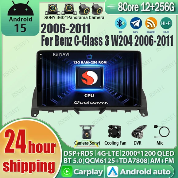 

Android 15 Carplay Auto Qualcomm 2K QLED экран автомобильный радиоплеер для Benz C-Class 3 W204 2006-2011 GPS стерео BT Wi-Fi навигация