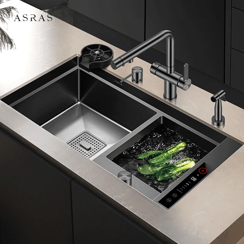 ASRAS Island Smart Purifying Ultrasonic Kitchen Sinks SUS 304 4mm Panel Handmade Double Sink Nanometer Smart Purifying Sinks