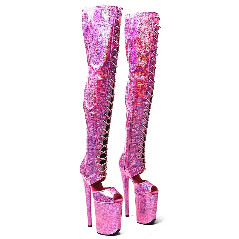 Leecabe  23CM/9inches  Shiny PU  upper Sexy boots  Open Toe High Heels Platform stripper heel Pole Dance shoes