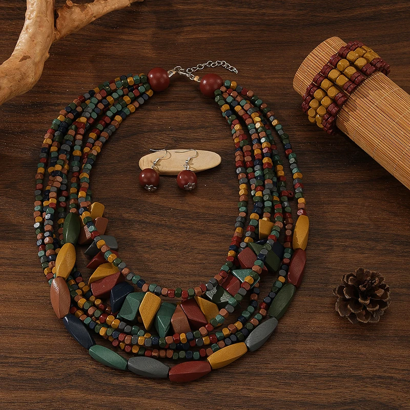 Multi Layer Handmade Wood Beads Necklace Earrings Bracelet Jewelry Set Vintage Color Statement Collar Boho Beads Long African J