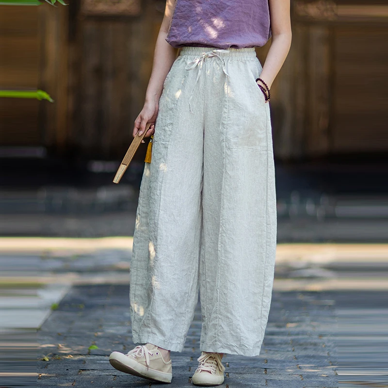 

100% Linen Women Casual Pants New Arrival 2026 Summer Simple Style Solid Color Loose Comfortable Female Harem Pants M2866