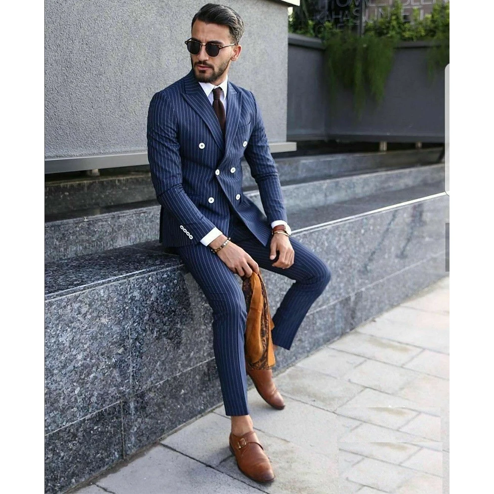 

Men's Fashion Suits Stripe Suit 2 Piece Luxury Slim Fit Double Breasted Jacket Set Man Groomsman Tuxedo for Wedding Party