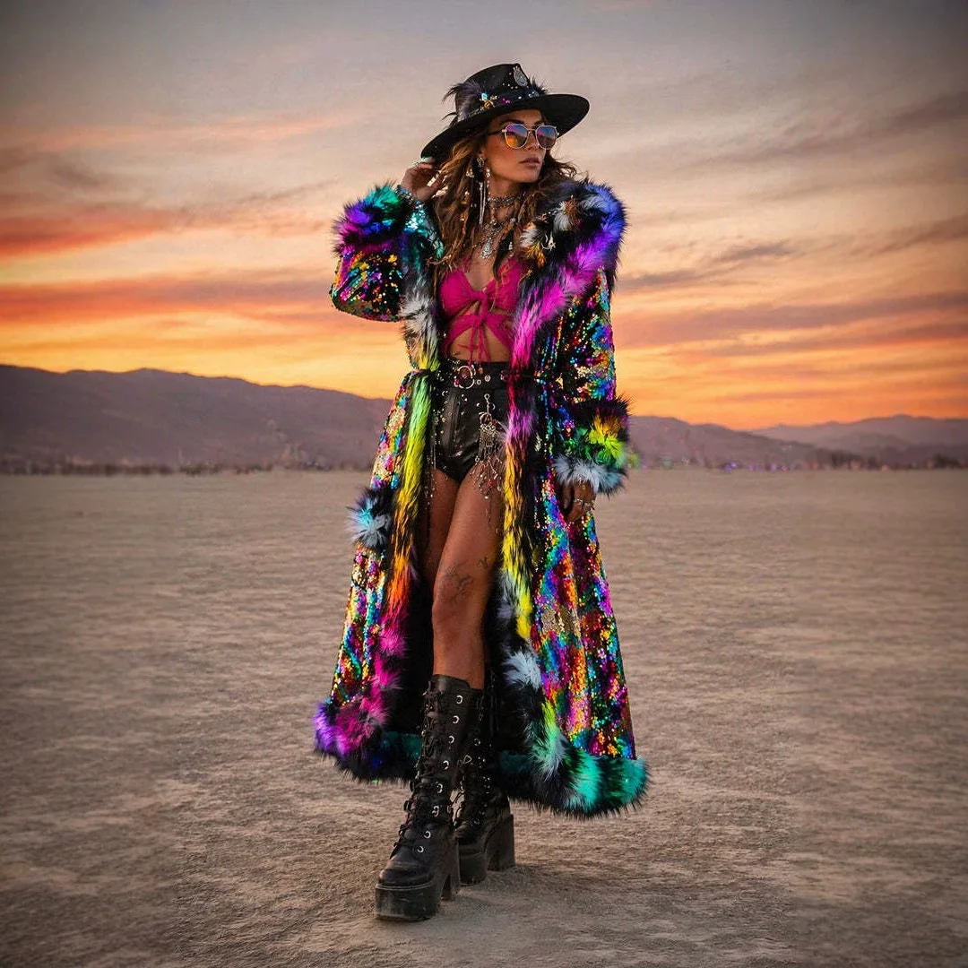 LED Women's Colorful Sequin Faux Fur Long Coat Women Winter Warm Hooded Jacket Party Nightclub Music Festival Outfit New