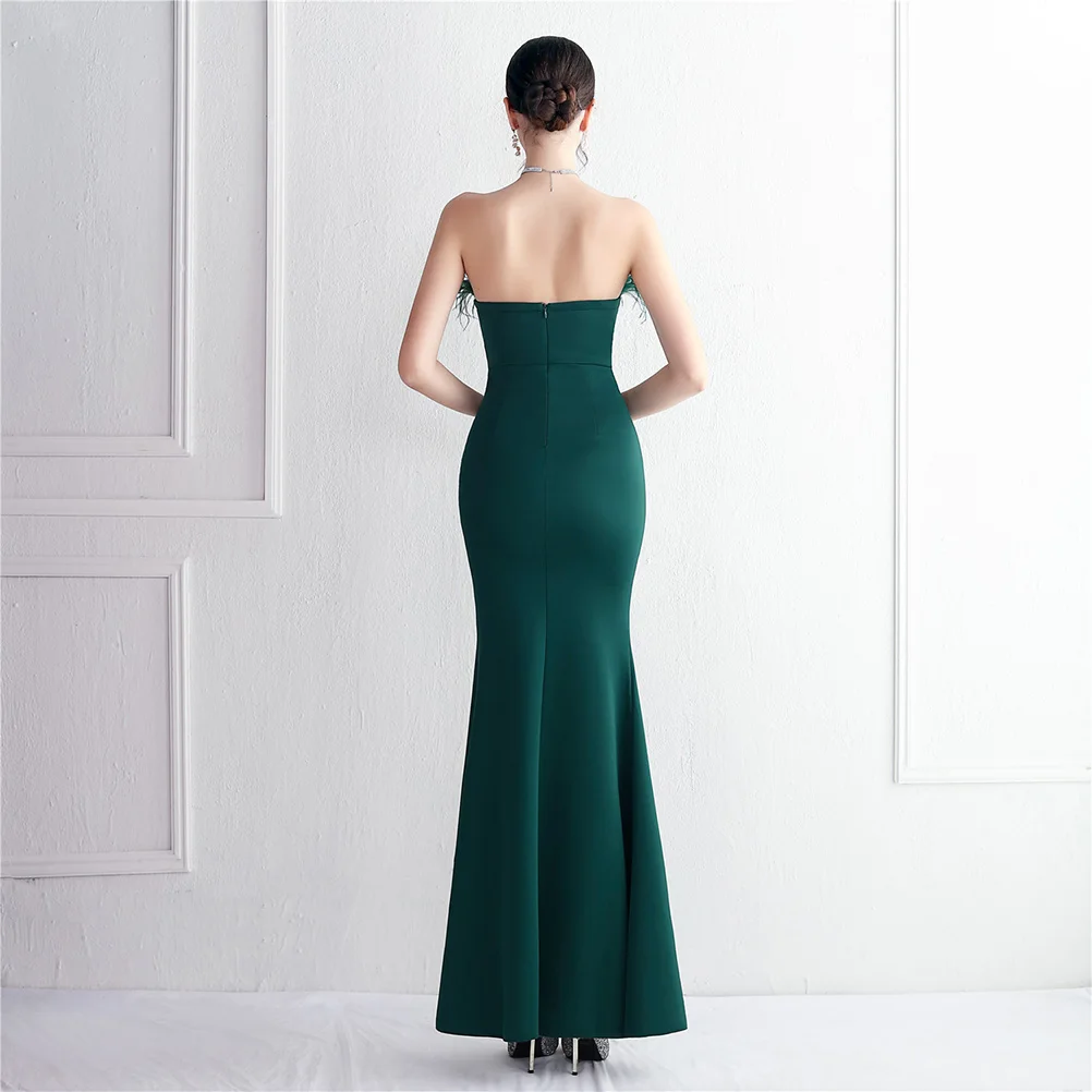 DEERVEADO Evening Dresses Woman Elegant Mermaid Strapless Prom Party Dresses with Feathers Formal Gowns Gala Maxi Dress