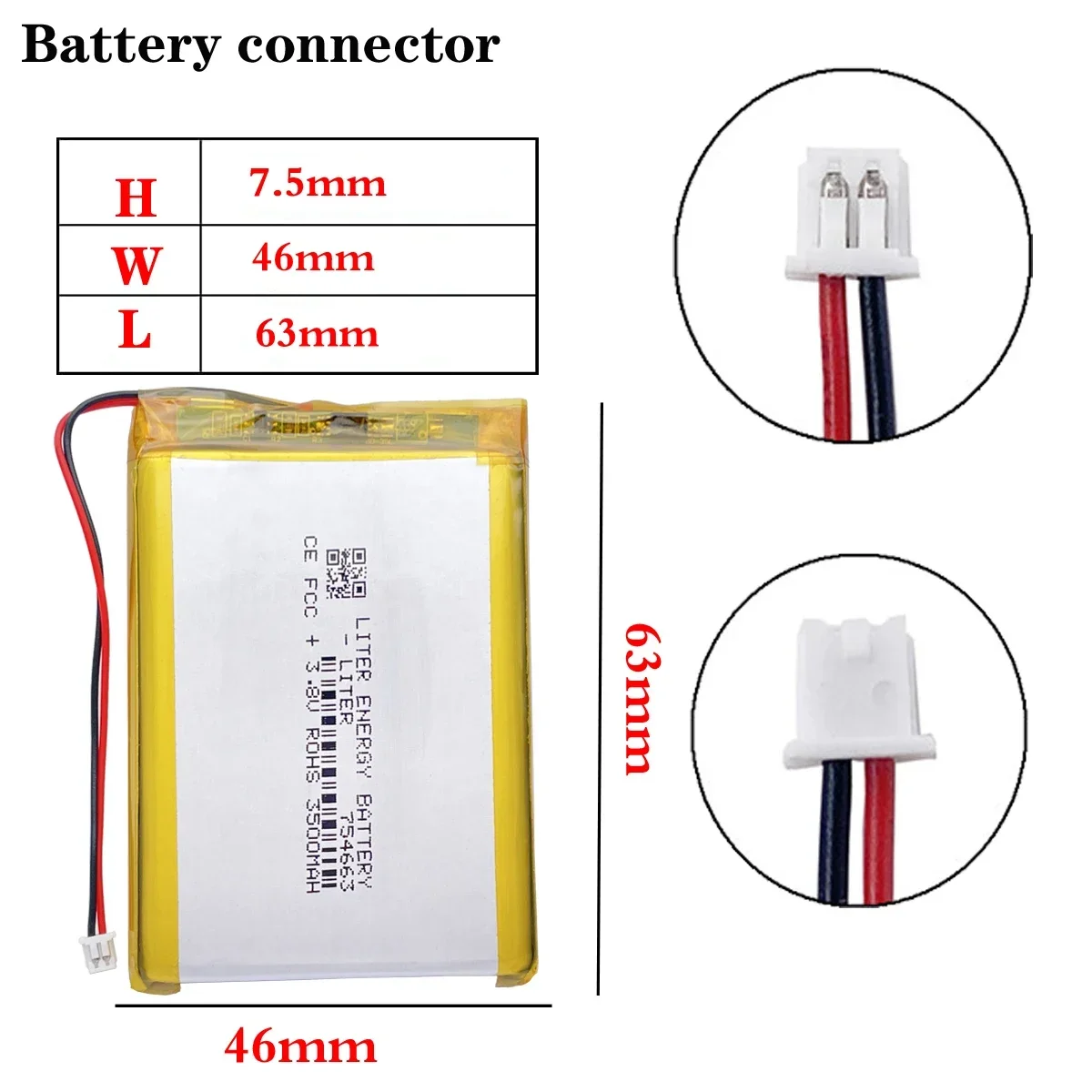 plug 1.25-2P 754663 3.8V 3500mah rechargeable li-polymer battery for GPS PDA Recreational machines RG35XX PLUS Game console