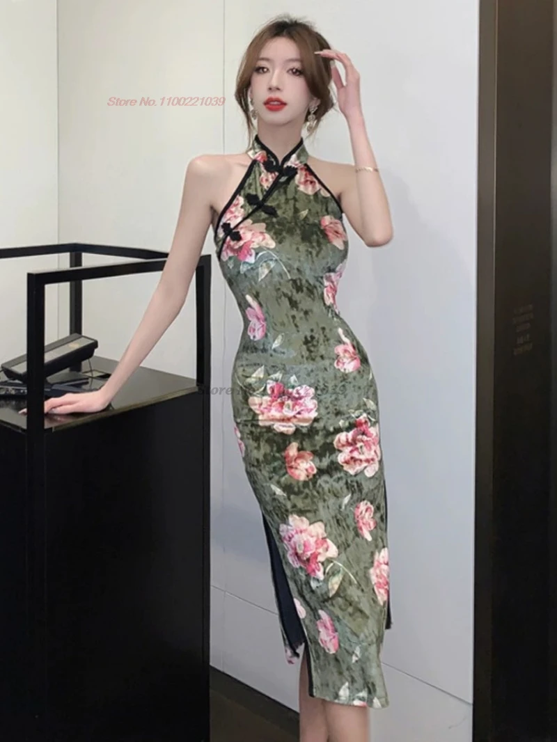 

2025 chinese sexy dress improved sleeveless cheongsam national flower print velvet qipao nightclub banquet evening dress qipao