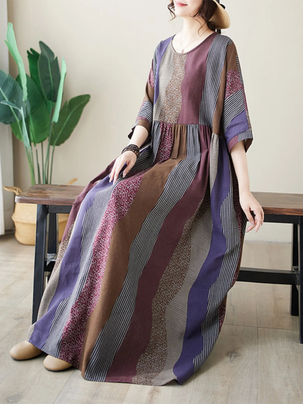 

n Long Dr Summer Thi Cotton Linen round Ne ort Sve Vertical Stripes Simple Design Comfortable Fit Maxi Dr