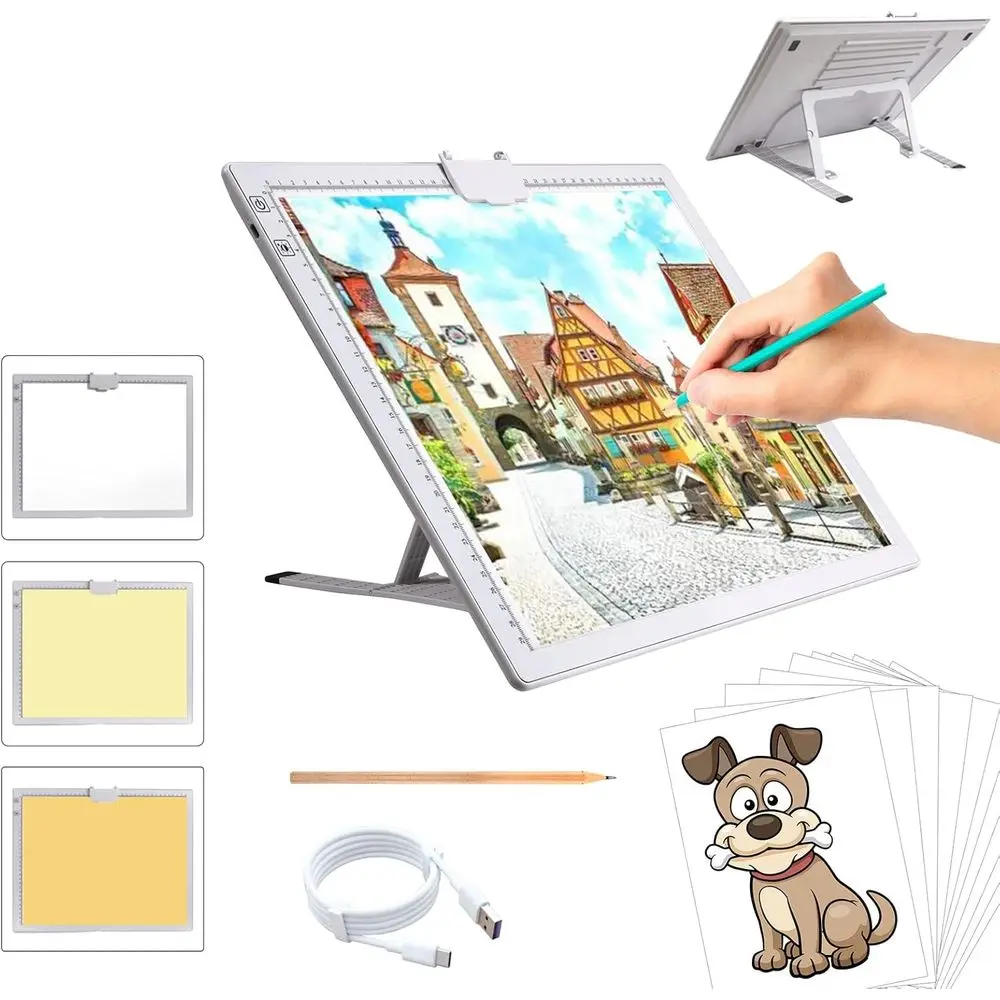 

A3 Rechargeable Light Pad, 2500mAh Battery Powered Light Board with Stand Top Magnetic Clip 3 ColSteplDimmable 6 Levels BrightnL