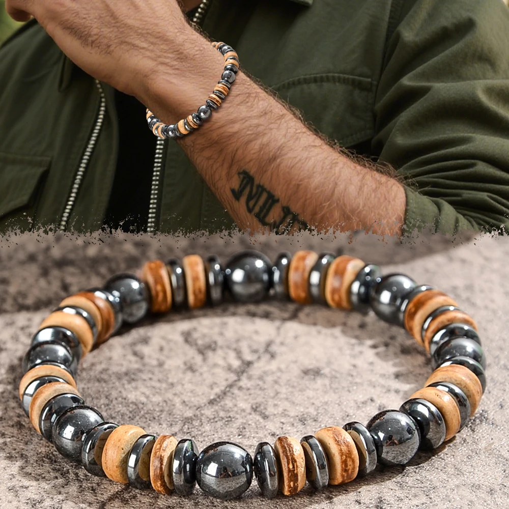 1-teiliges Herren-Perlenarmband, entworfen mit Holz-, Vulkanstein- und Metallperlen, elastisches Armband, geeignet für den täglichen Gebrauch – Detail 6