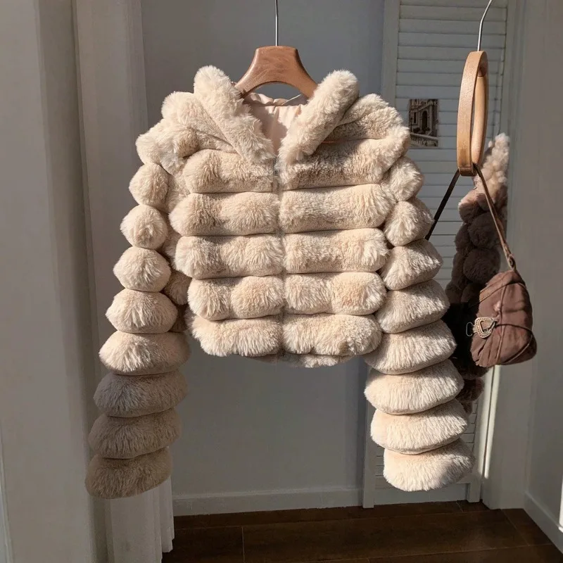 2026 Fashion Faux Rabbit Fur Coat Women's Super Short Fur Jacket Autumn Winter Horizontal Stripe Hooded Zipper-up Soft Outerwear