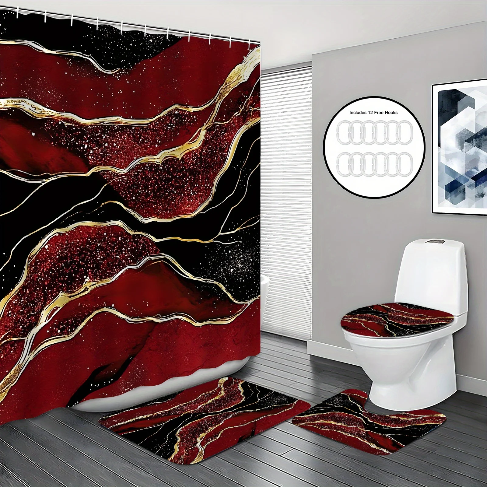 

Набор занавесок для душа из красного мрамора, 4 шт., нескользящий коврик для ванной комнаты, коврик U-образной формы для унитаза, накладка на крышку унитаза, декор для ванной комнаты