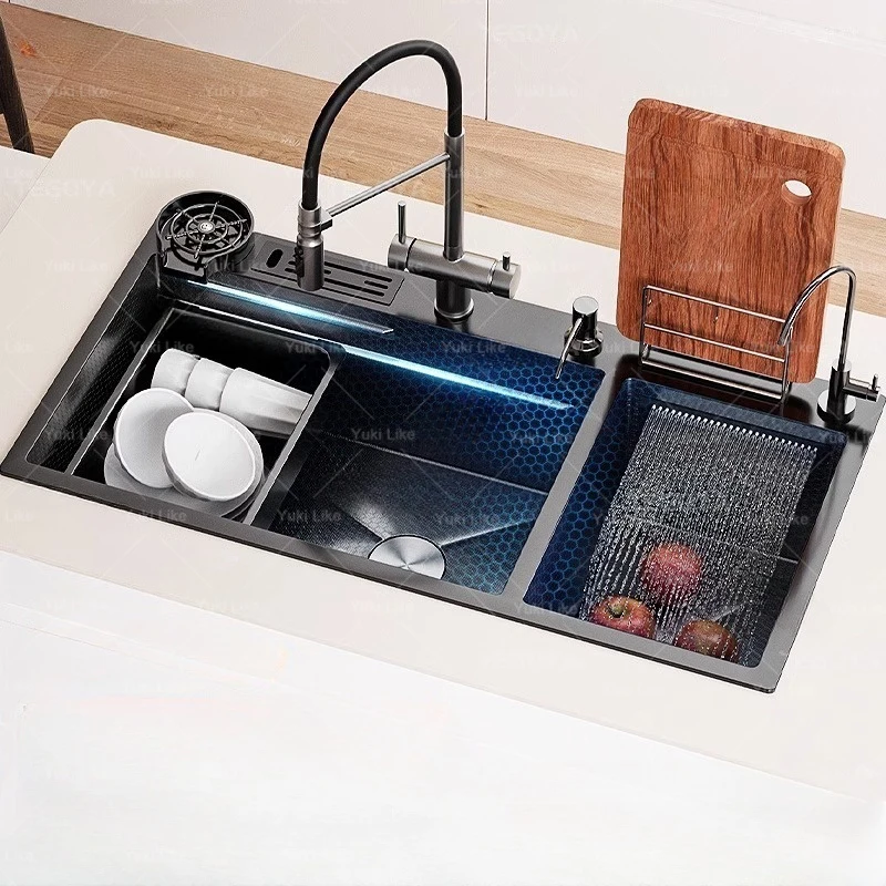

Waterfall Kitchen Sink Stainless Steel Double Sinks with Kitchen Faucet Large Multifunctional Dishwasing Washbasin