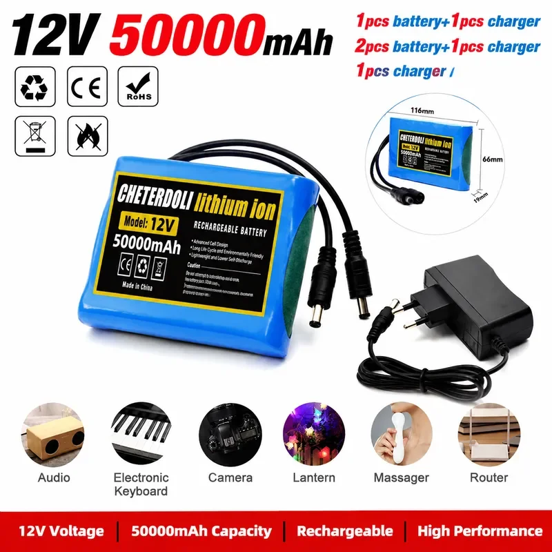 100% New 3S2P Protection Plate 12V 50Ah Battery Pack 12V 50000mAh 18650 Lithium Ion DC 12.6V Super Rechargeable Battery with