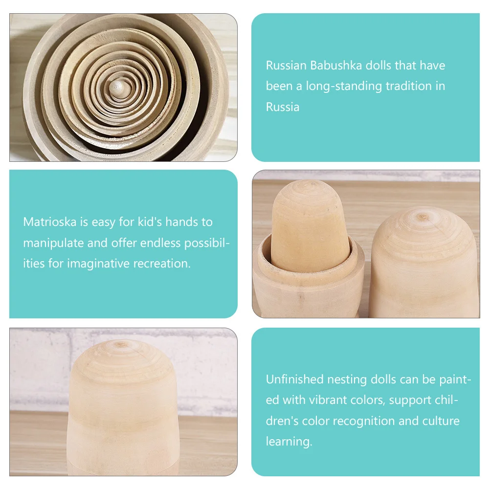 1Set DIY Nesting Russian Babushka Unpainted Wooden Stacking Matrioska for Kids Creative Color Learning Blank Nesting