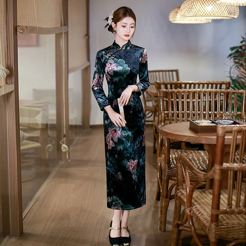 

Традиционный воротник-стойка Qipao, осеннее новое платье Cheongsam с длинными рукавами, винтажное классическое женское китайское платье, сексуальное Vestidos De Festa