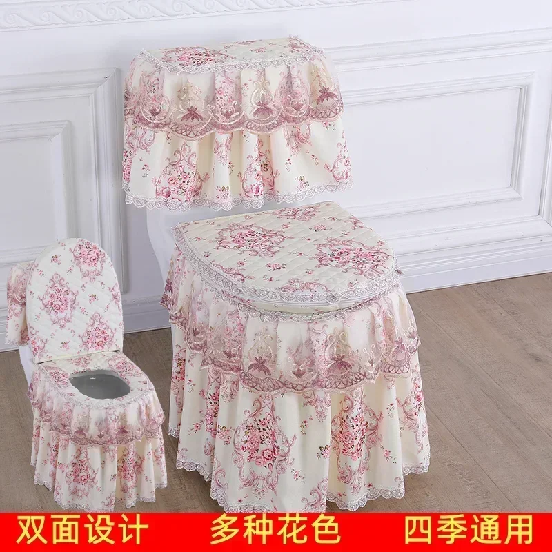 2027 3pcs European Jacquard Toilet Seat Mat Seasonal Universal Lace Toilet Cover Zipper Style Large Skirt Closestool Cover Cushi